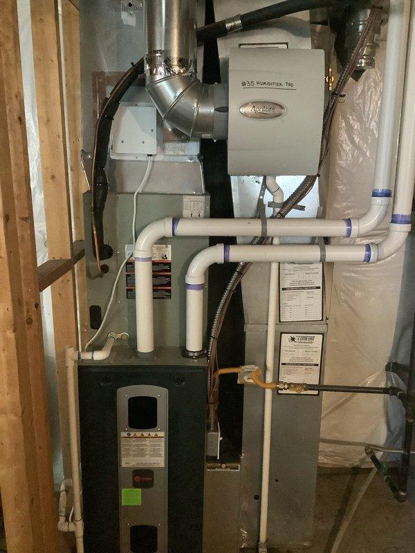 Completed annual maintenance on 4-year-old furnace system located in basement with integrated Aprilaire humidifier. Addressed customer concern regarding intermittent noise from blower motor at startup. Performed comprehensive tune-up including inspection of heat exchanger, burner assembly, and ignition system. Verified proper operation of all safety controls and limit switches. Checked and tested humidifier functionality and water supply connections. Inspected PVC venting system and condensate drain lines for proper pitch and drainage. Tested blower motor operation and amp draw, monitored for abnormal sounds during multiple cycles with no issues detected. Verified all electrical connections secure and proper voltage to unit. System operating within manufacturer specifications upon completion.