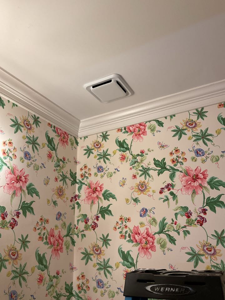Change out ceiling fan, exhaust fans and install new floor outlet. 