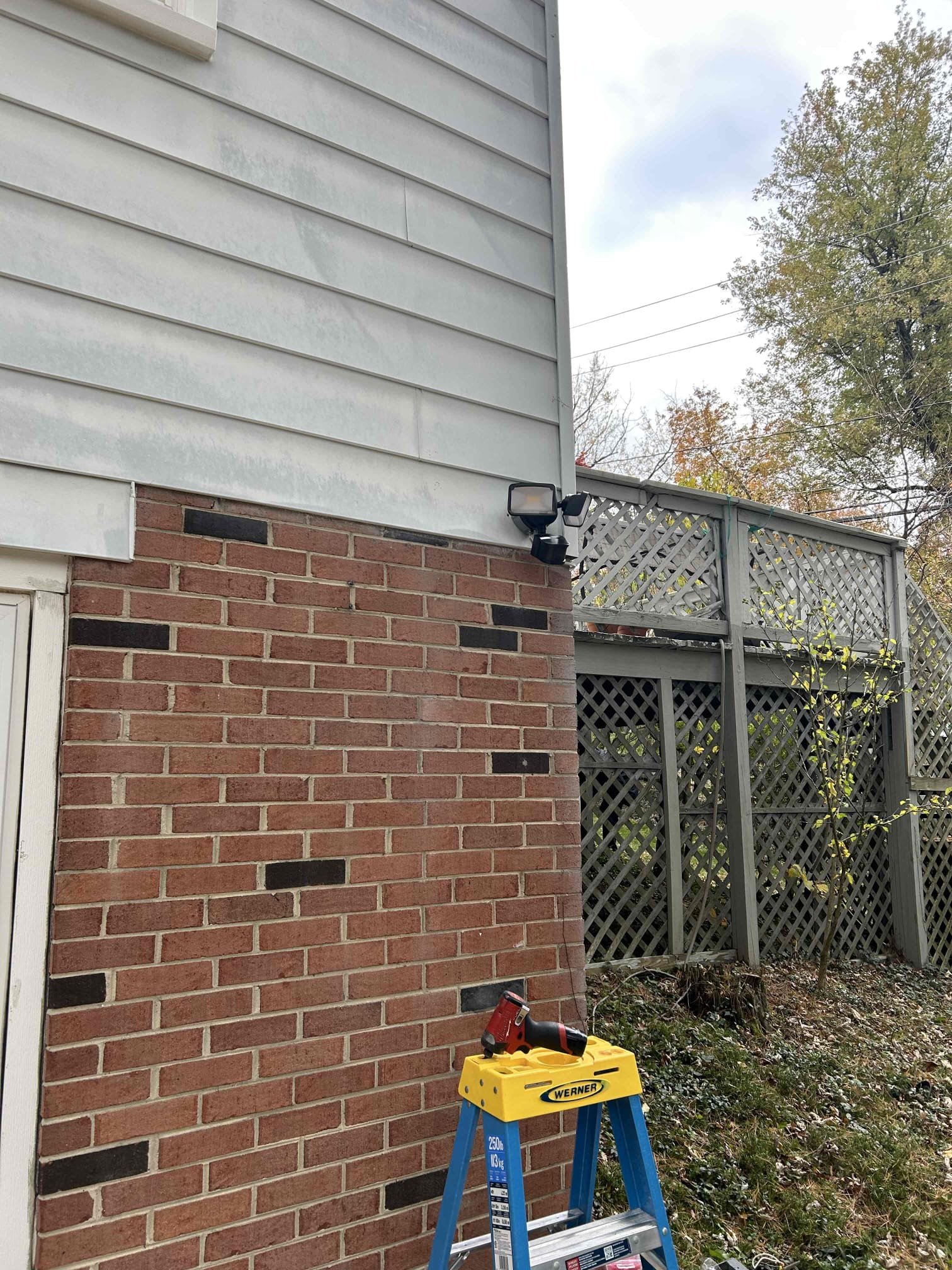 Replaced 2 customer supplied lights 
First light was located over top of the garage door and the second was just outside the back walkout door.