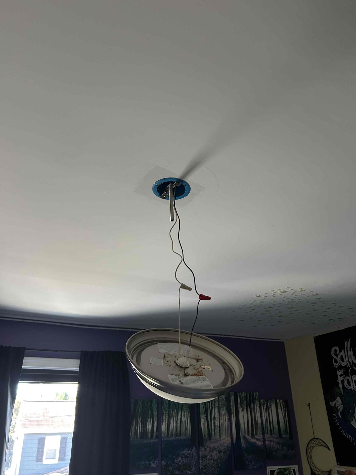 Install customer supplied ceiling fan
Replace plastic box with fan rated box
The reason for today’s visit was to look at installing a customer supply ceiling fan and a pre-wired location in the front bedroom on the second floor. The bedroom currently had a surface mounted ceiling light however, when we pull down the light, we noticed that it was a basic plastic old Work box. I informed customer I would have to replace the box to support the weight of the ceiling fan. Customer agreed we went ahead and installed the new fan with the new bar box fan support brace.