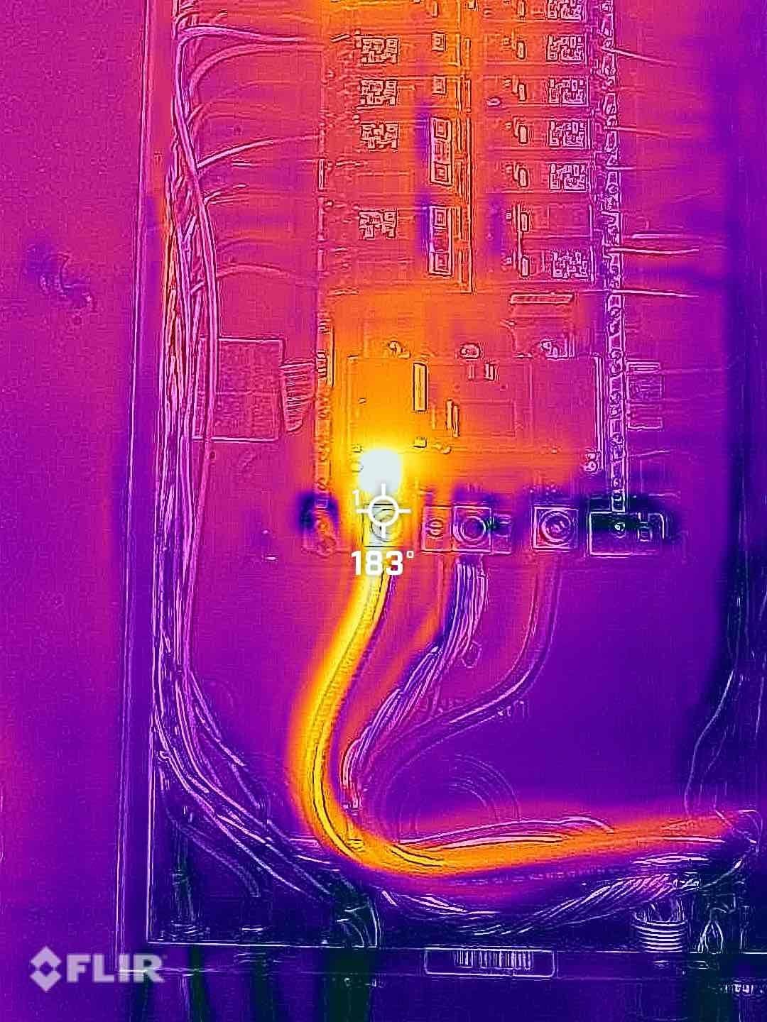 Reason for today’s visit was to assess main breaker tripping when car charger is running at night. At first glimpse when opening the panel we did not notice anything out of the ordinary. I then had customer turn on his car charger and plug it in so we could do draws on the wires. We were not getting any excessive amperage being pulled however, after about 10 minutes, I started to notice the wire getting extremely hot going to the left lug on the main breaker. As a few minutes past, it became so hot that you couldn’t touch it, which led me to grab my thermal camera and was reading over 225° on the main lug. And then shut off the main breaker and pulled on the main wire and found that it was extremely loose. Due to the heat exposure at the main breaker, I I formed customer I would need to replace the main breaker as I was reading 225+ inside it and the main breaker as it could be damaged as it is not rated to handle extreme heat. Customer agreed in which we went ahead and replaced it. On