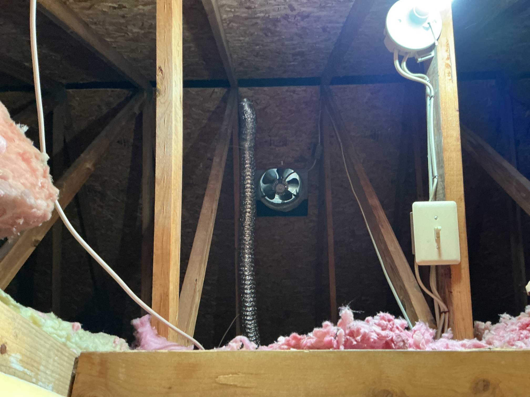 This solution includes the installation of 2 new attic fans and installation of a customer supplied light fixture in closet. In addition we shall install gfci protection at washing machine.

We have replaced the existing receptacle at washer with a gfci, installed new closet light. We shall return November 10th to install the attic fans.

11/10
Return today and replace the back attic fan. We will need a return date to come back to install the side one once we have a second pitch hopper.

11/18
Returned today and installed 2nd fan