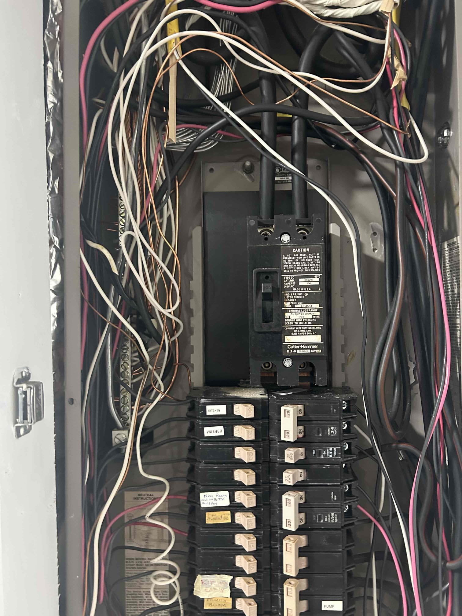 The reason for today’s visit was to assess multiple issues in the home. First issue was the fact that the washer will trip occasionally when multiple things are on on the top floor. We found that the issue is that the washer is on with the lighting circuit that is also with the master bathroom hallway, bathroom back bedroom as well as the laundry lights. Remedy this we will need to run a dedicated circuit from the main panel up to the washer to separate it from the lighting circuit. The next issue was flickering lights that are happening on the second floor, which we found a lot of the devices in the home are the original backstabbed ivory devices from the late 80s. We recommended device in the entire home in which customer agreed due to the fact that they wanted them done for cosmetic reasons as well. Finally, after inspecting the main panel, we found that there has been multiple hands inside this panel over the years and we’re noticing some of the breakers flipping on and off felt ex