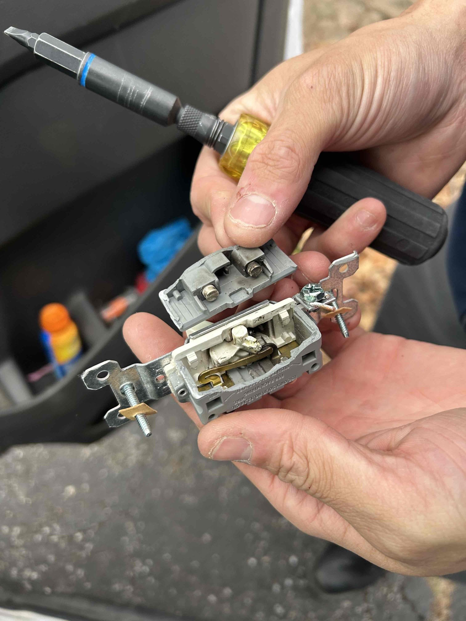 Replace broken single pole switch next to the front door that controls the front lights.
Replace front light switch