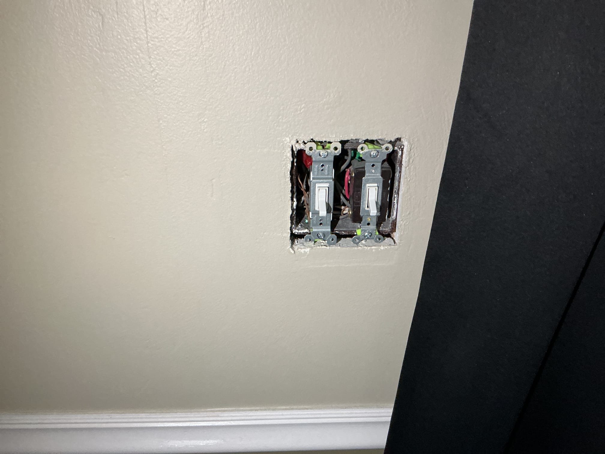 This solution includes the installation of a new switch leg to operate the exterior fixture at soffit. Includes removal of existing junction and installation of proper box to house wiring. In addition we shall alleviate the double tapped neutrals and breaker. 
We have taken deposit. Customer to call office to confirm our return.

We have installed new wiring from the existing switch to the exterior fixture. Additionally we have corrected the double tapped neutrals and breaker.