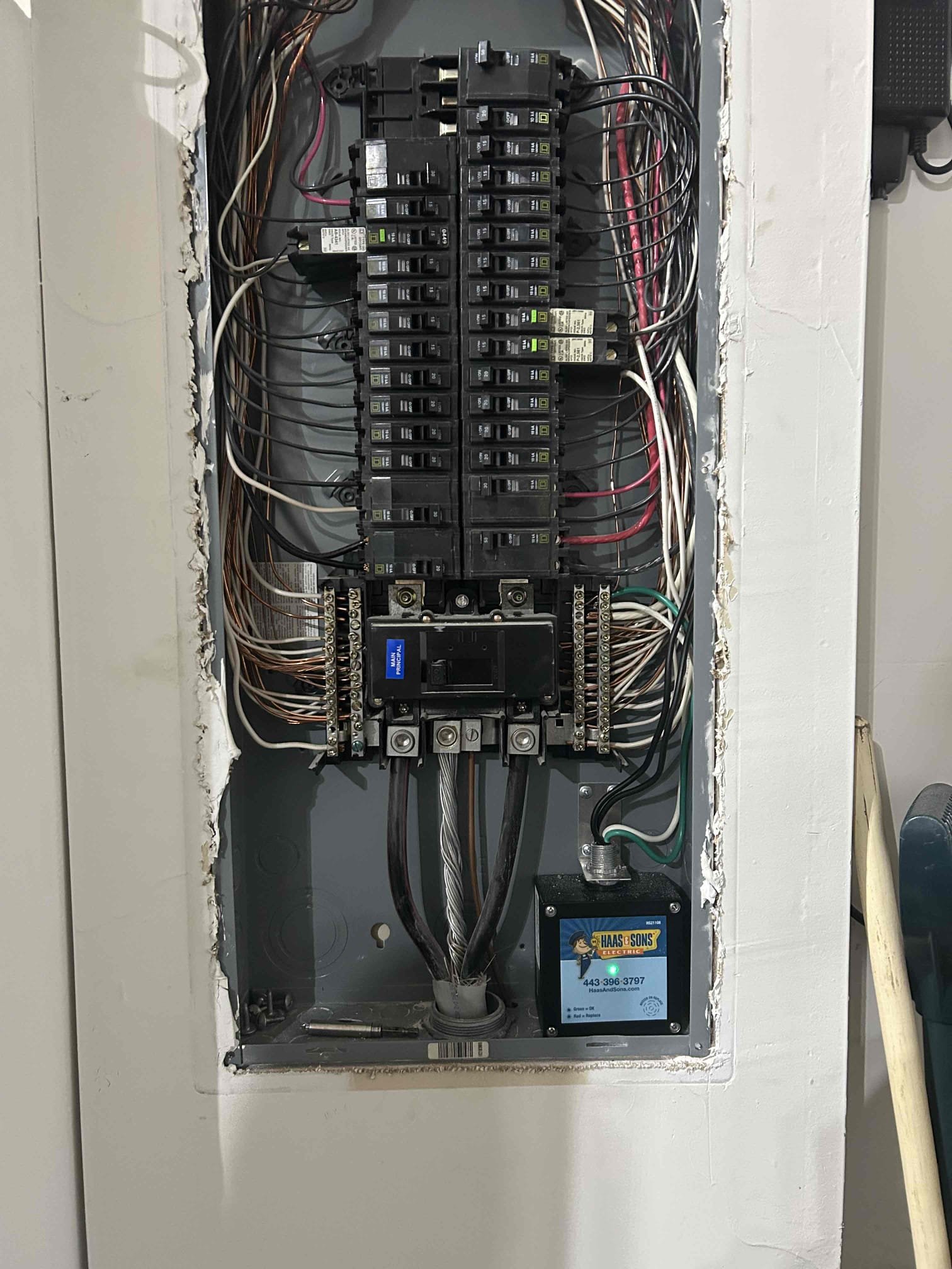 Install whole home surge protection
Replace foyer chandelier
Replace light in living room 
Replace fan in 2nd floor bedroom
We removed the two-story foyer chandelier, installing new customer slide chandelier in his place.
We removed the two-story chandelier in the family room and installed a new customer supplied ceiling fan with a down rod in its place.
We installed whole Home search protector in the main panel protects electrical system from harmful voltage spikes.
We replaced customer spied ceiling fan in the second floor back office.