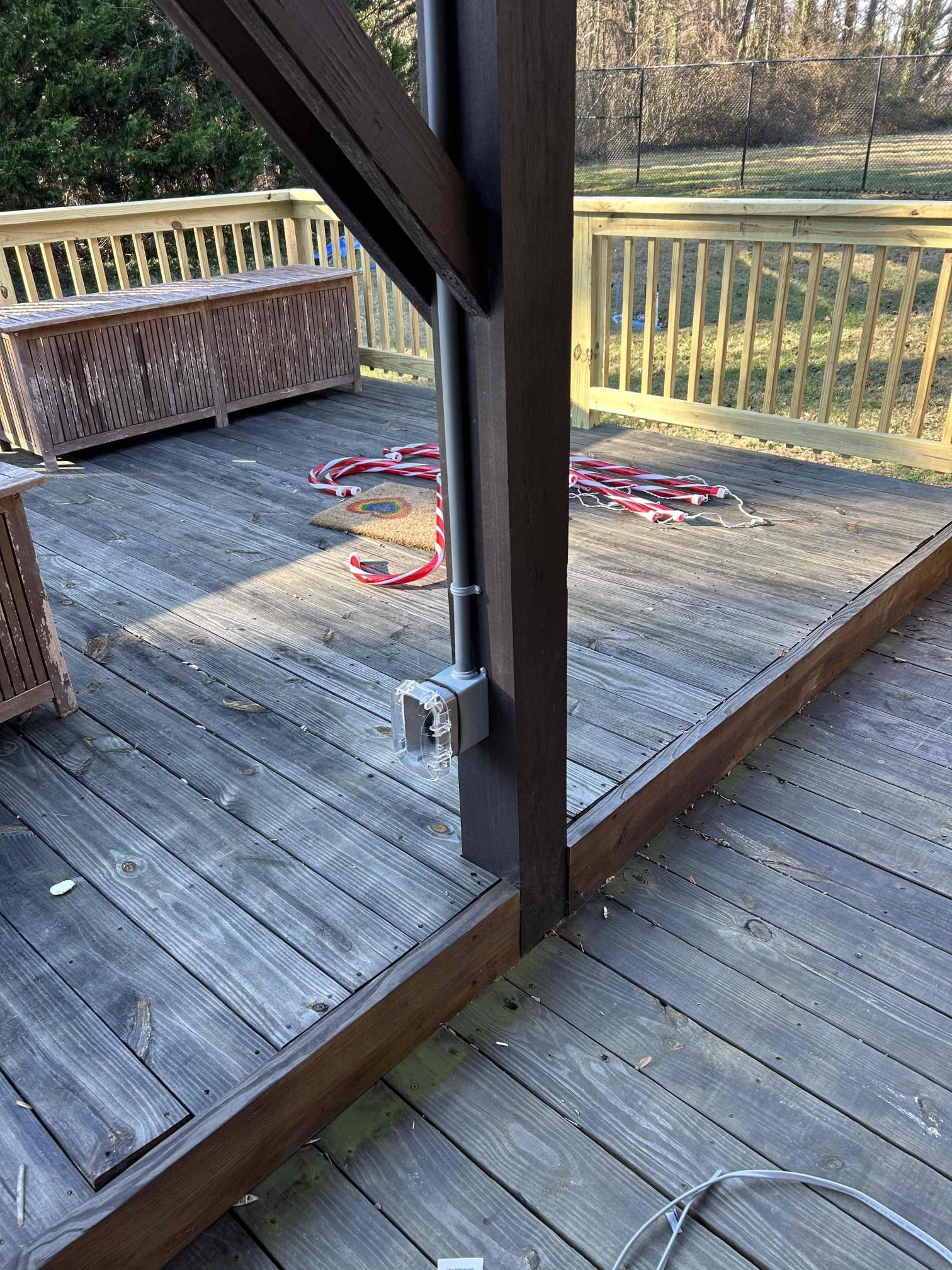 Replacement of contactor for overhead pool lights
Replacement of two exterior GFCI’s
Installation of two new weatherproof receptacles on the back deck tapped off of the power on the deck above