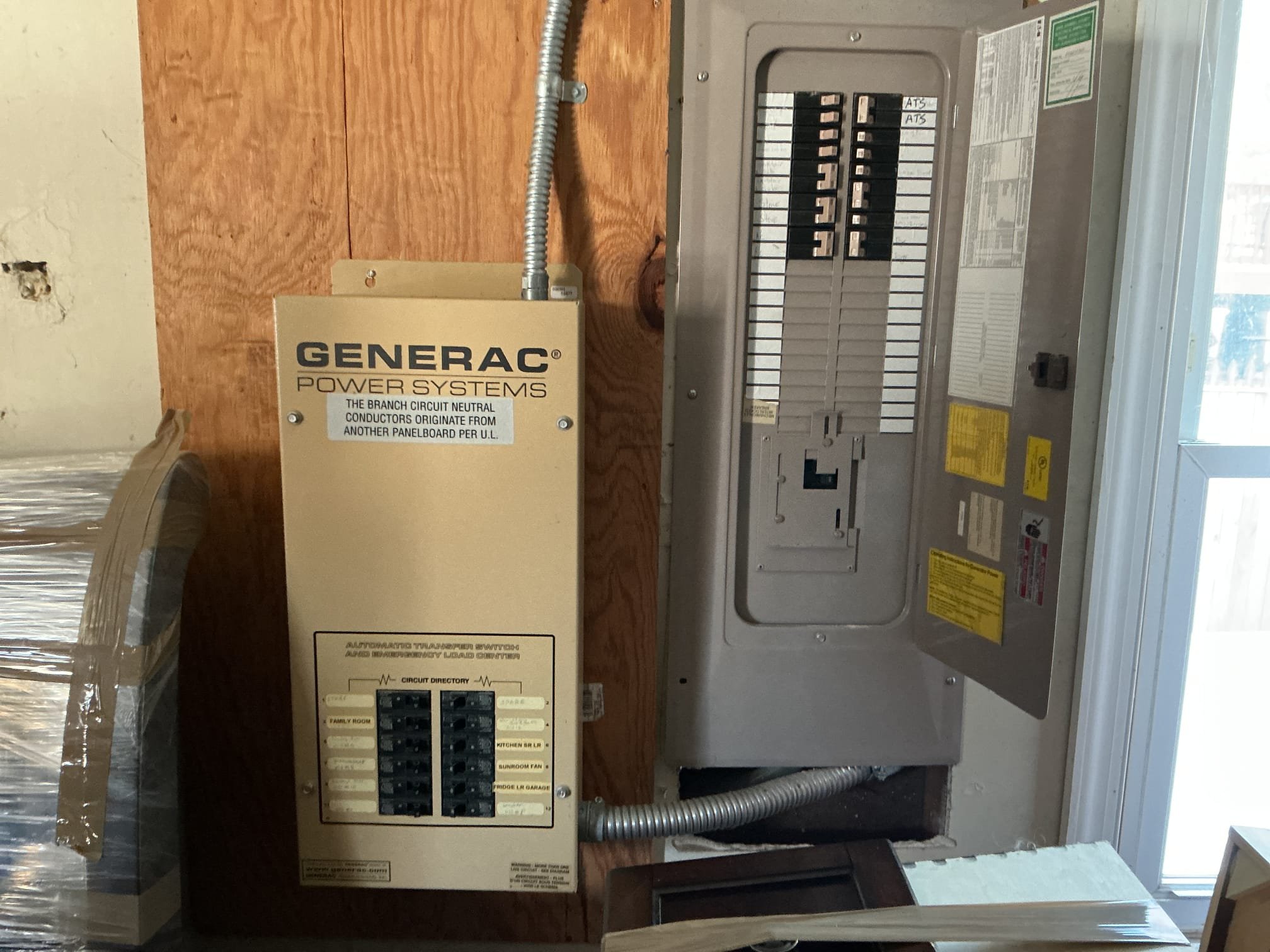 Reason for today’s visit was to check power loss in the living room receptacles. We found a trip breaker in the generator panel labeled the family room. We reset breaker and everything powered right back up.