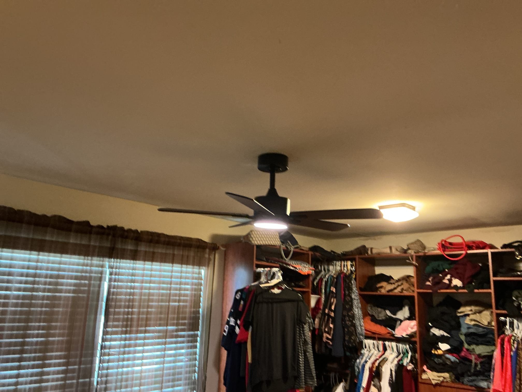 this solution includes the replacement of the existing ceiling fan in the master bedroom. In addition we shall remove an existing light fixture in the upstairs room and install a new customer supplied ceiling fan.

We have installed the new customer supplied ceiling fans in the upstairs.