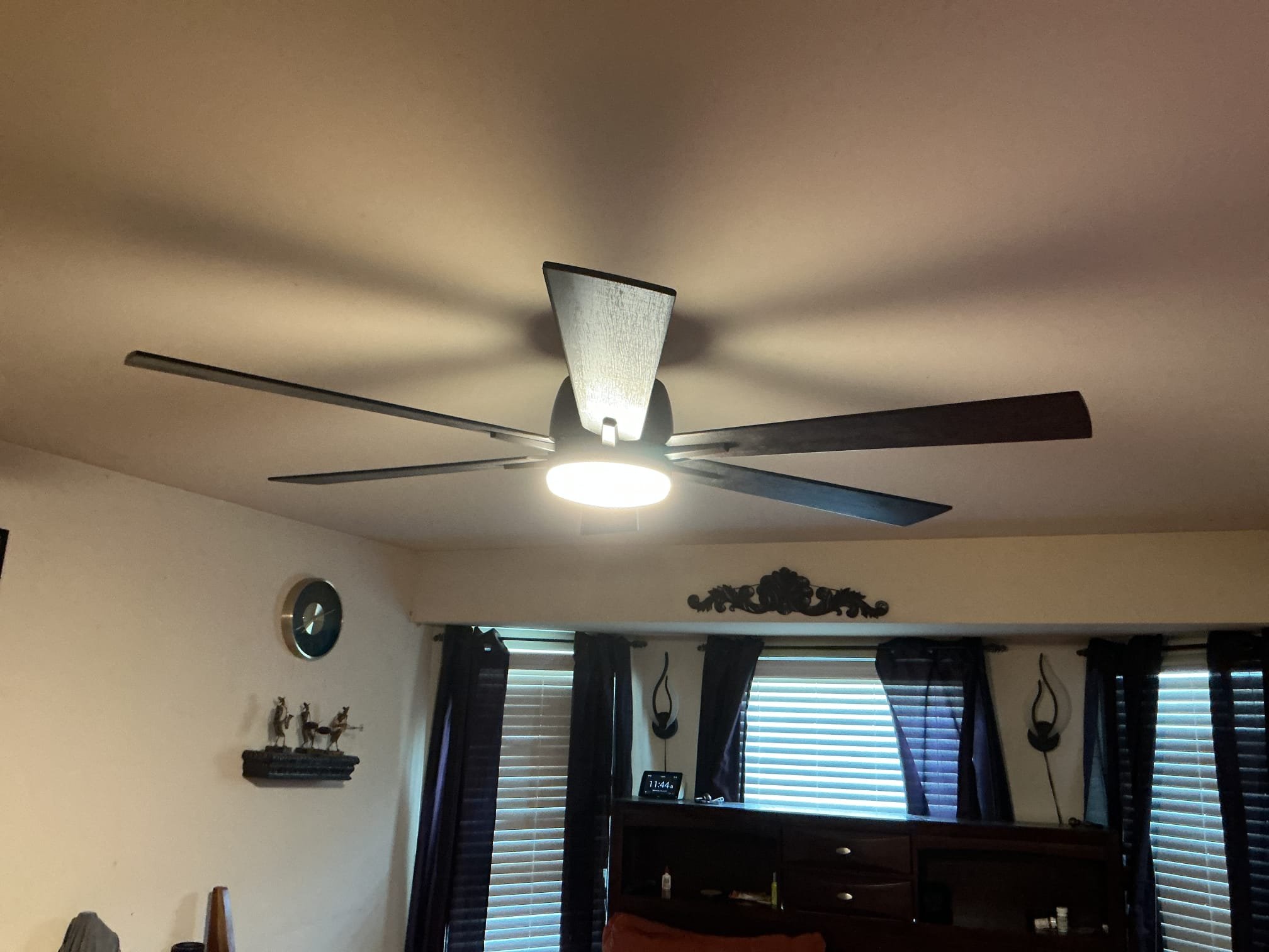 this solution includes the replacement of the existing ceiling fan in the master bedroom. In addition we shall remove an existing light fixture in the upstairs room and install a new customer supplied ceiling fan.

We have installed the new customer supplied ceiling fans in the upstairs.