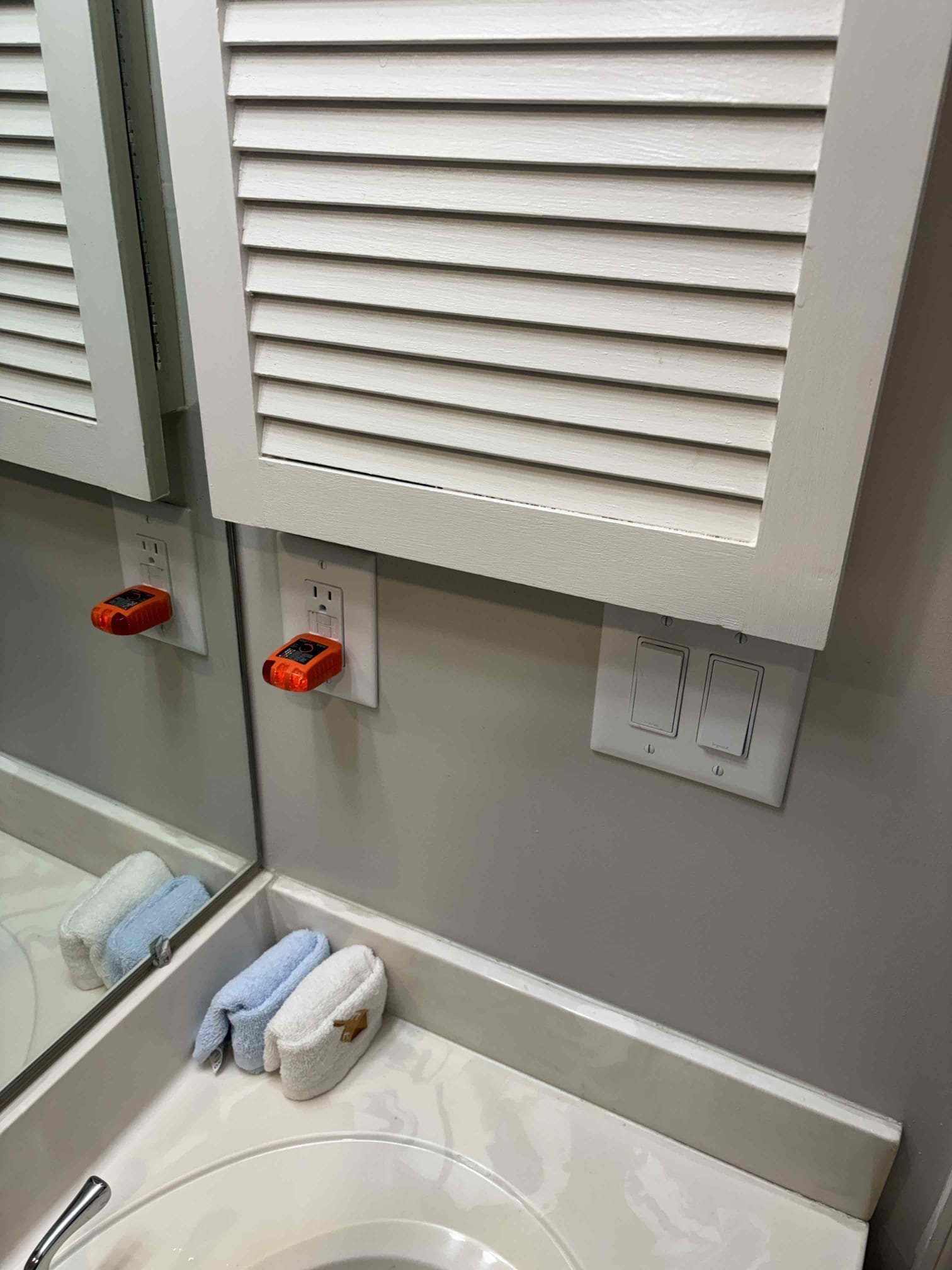 QToday’s visit was for a power loss to the master bath and hallway bathroom receptacles. During our investigation we tested power at each device, and they all read no voltage. We found a GFCI in the garage in the tripped position, so we reset it, and power was turned back on for all receptacles. We recommended to replace the garage GFCI due to age, because it is original to the home, making it over 40 years old. The bathroom receptacles are labeled garage GFCI in the main panel. 