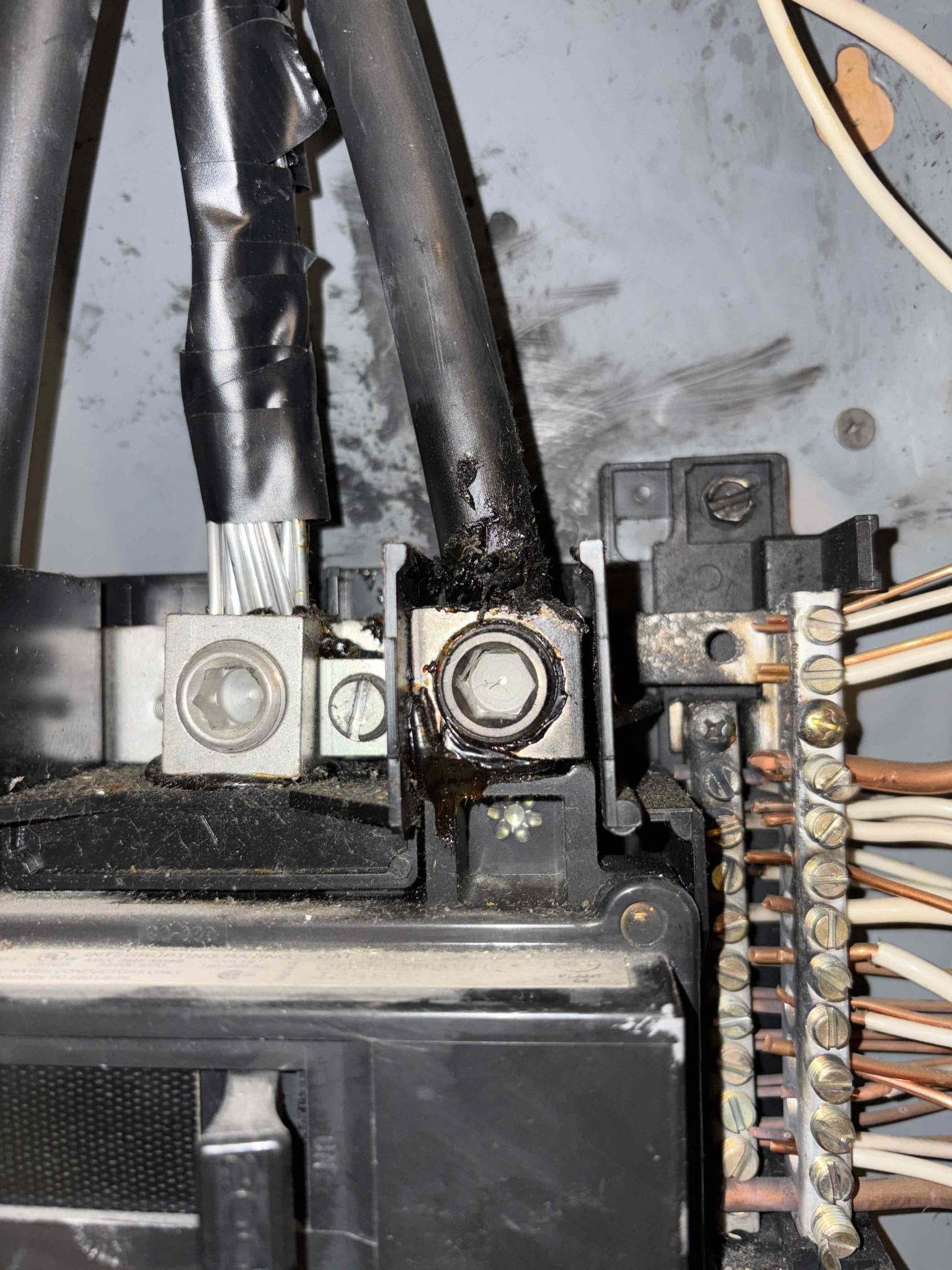 Today’s visit was for the gas water heater that broke, and they wanted an opinion on converting it to electric. There is unused power in a disconnect right next to the water heater location that we could use. We would run our new wire from the disconnect and strap it and strip the wire for the plumbers to connect when they replace the water heater. When we opened the panel we found major overheating on the main lugs and buss bar lugs. We wrote a solution for the overheating by replacing the main bus bar along with all the lugs. The panel cover, body, and bus bar does not show signs of overheating so we wouldn’t replace the whole panel. 