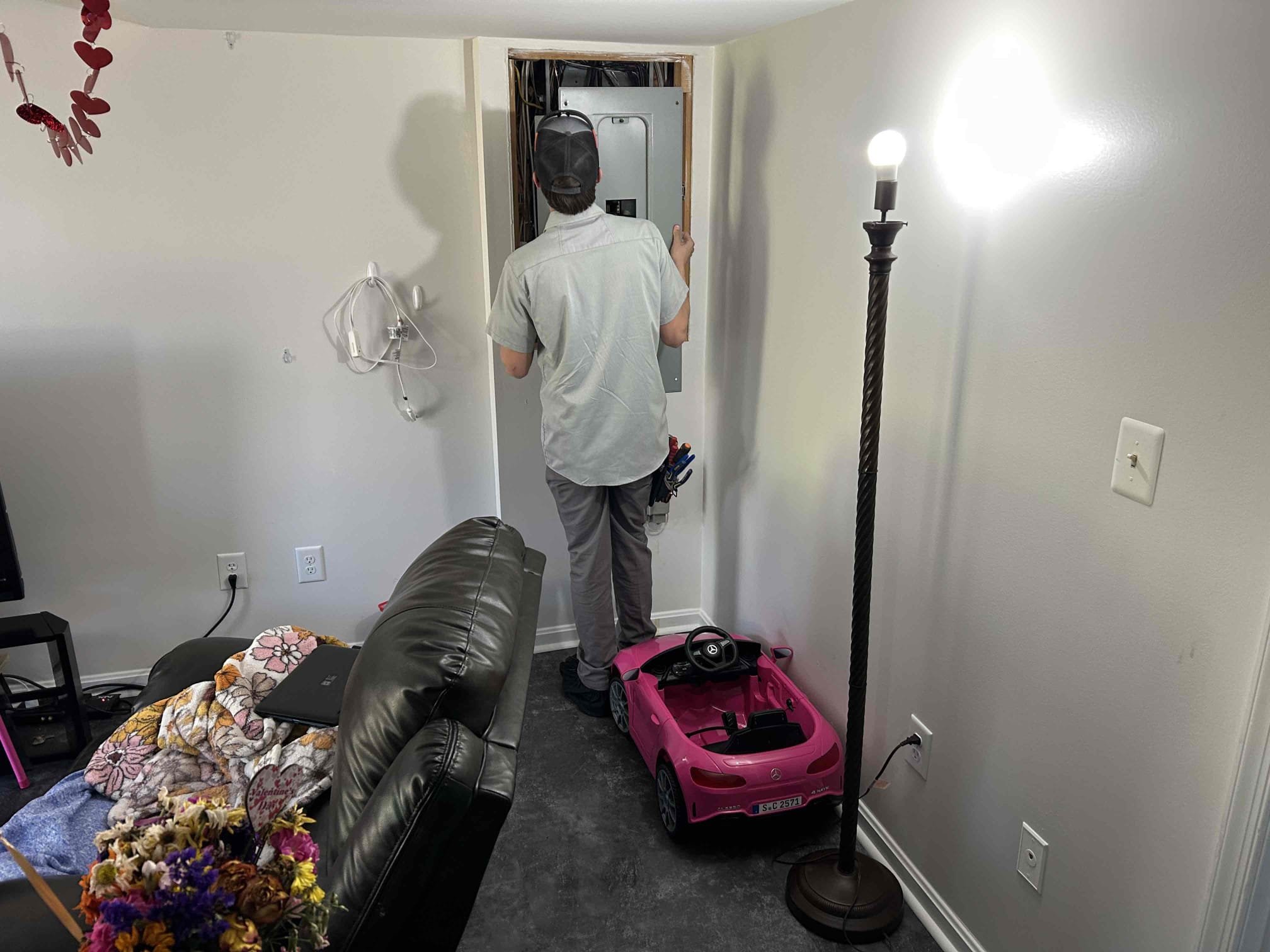 Replace gfci next to the panel controlling bathroom receptacles 