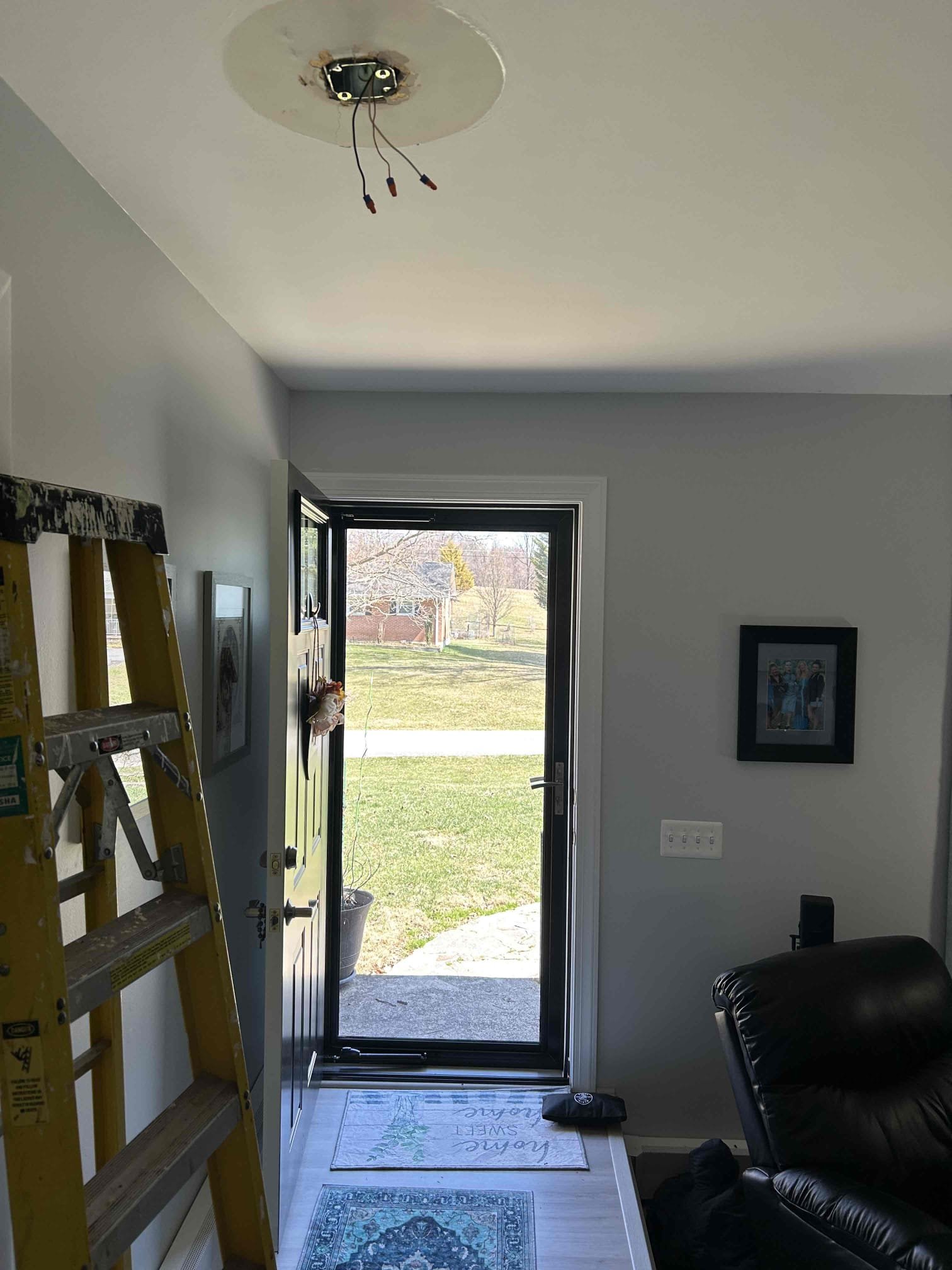 Separate hall and foyer light
 Today we disconnected lines running from the hallway light and the foyer light to separate out of the front door. Switch will work the foyer light separately, as well as a new cassette wireless three-way system will work the hall light.