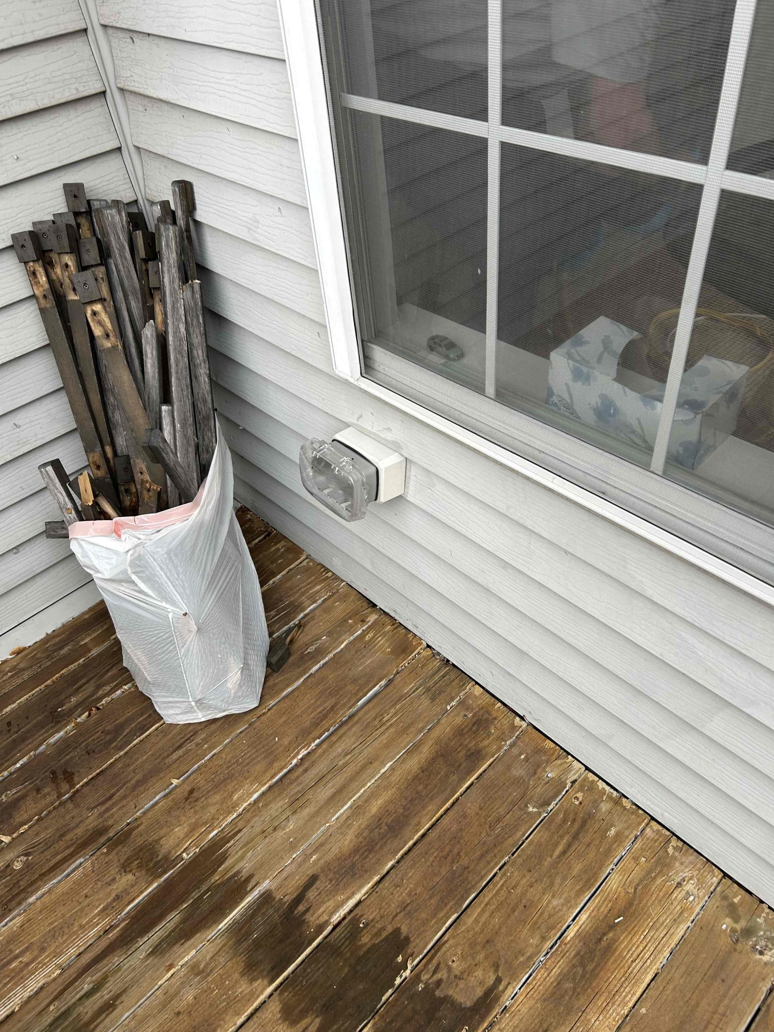 Installation of new gfci on back deck.
Power tapped from outlet on opposite side of wall