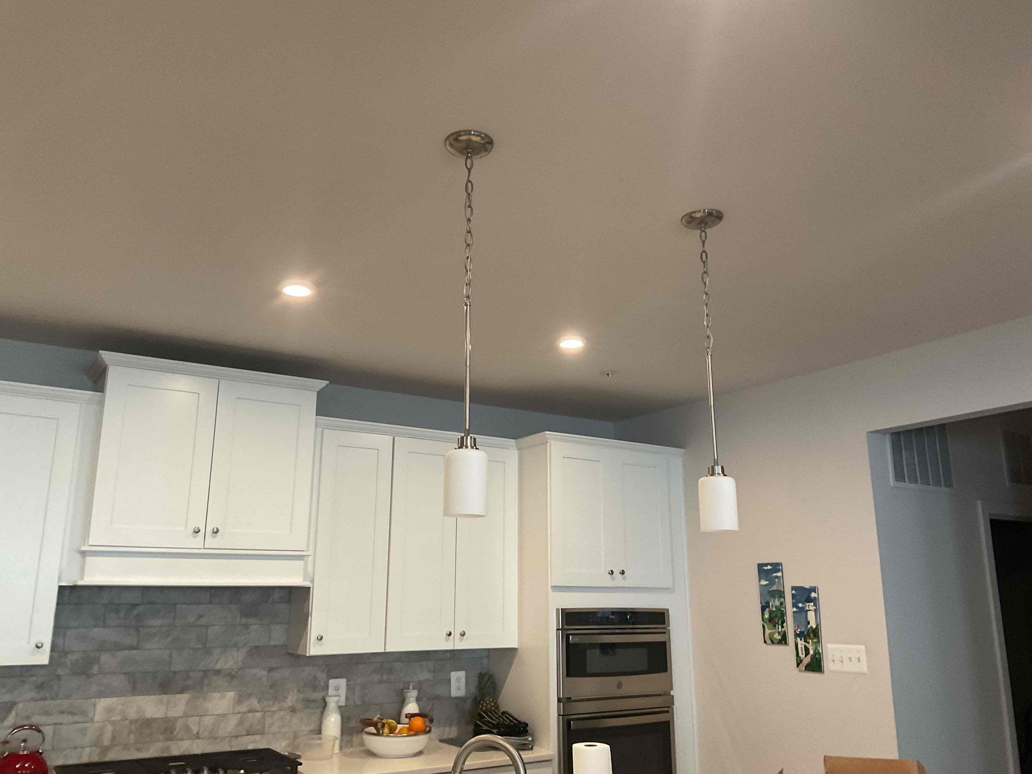 Today’s visit was to install a new GFCI receptacle in the master bedroom toilet area to provide power for a bidet, as well as to replace two pendant light fixtures above the kitchen island. I was able to pull power from the 2-gang box controlling the light/fan for the water closet and fish over to the new receptacle location. In the kitchen, the two new pendant fixtures have been hung and are working properly. The homeowners also renewed their VIP care plan today. 

- Install outlet for bidet.
- remove & replace two pendant light fixtures above island