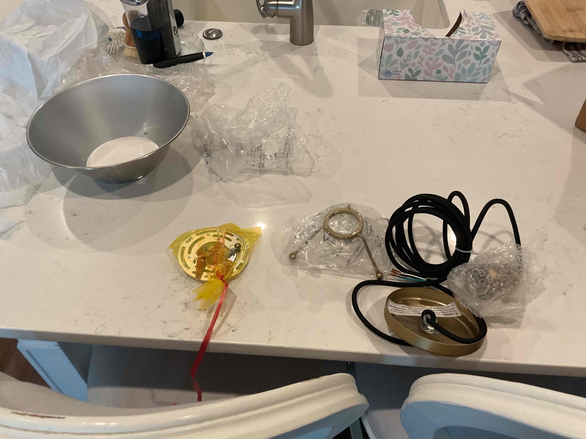 Today’s visit was to install a new GFCI receptacle in the master bedroom toilet area to provide power for a bidet, as well as to replace two pendant light fixtures above the kitchen island. I was able to pull power from the 2-gang box controlling the light/fan for the water closet and fish over to the new receptacle location. In the kitchen, the two new pendant fixtures have been hung and are working properly. The homeowners also renewed their VIP care plan today. 

- Install outlet for bidet.
- remove & replace two pendant light fixtures above island