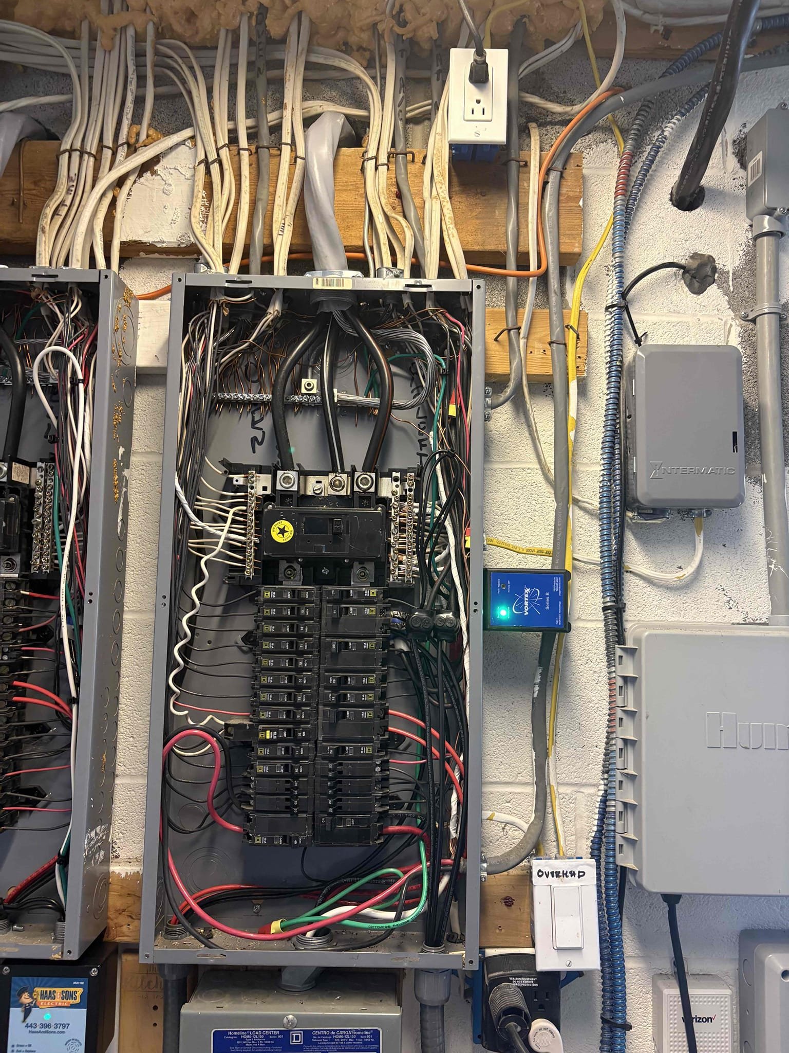 - Removal of 3 timers and replacements of new ones
- Blank of upstairs switch
- Replacement of switch on first floor
- Removal and replacements of upstairs fan
- Installation of 2 Vortex Whole Home Surge Protectors, 1 in each panel