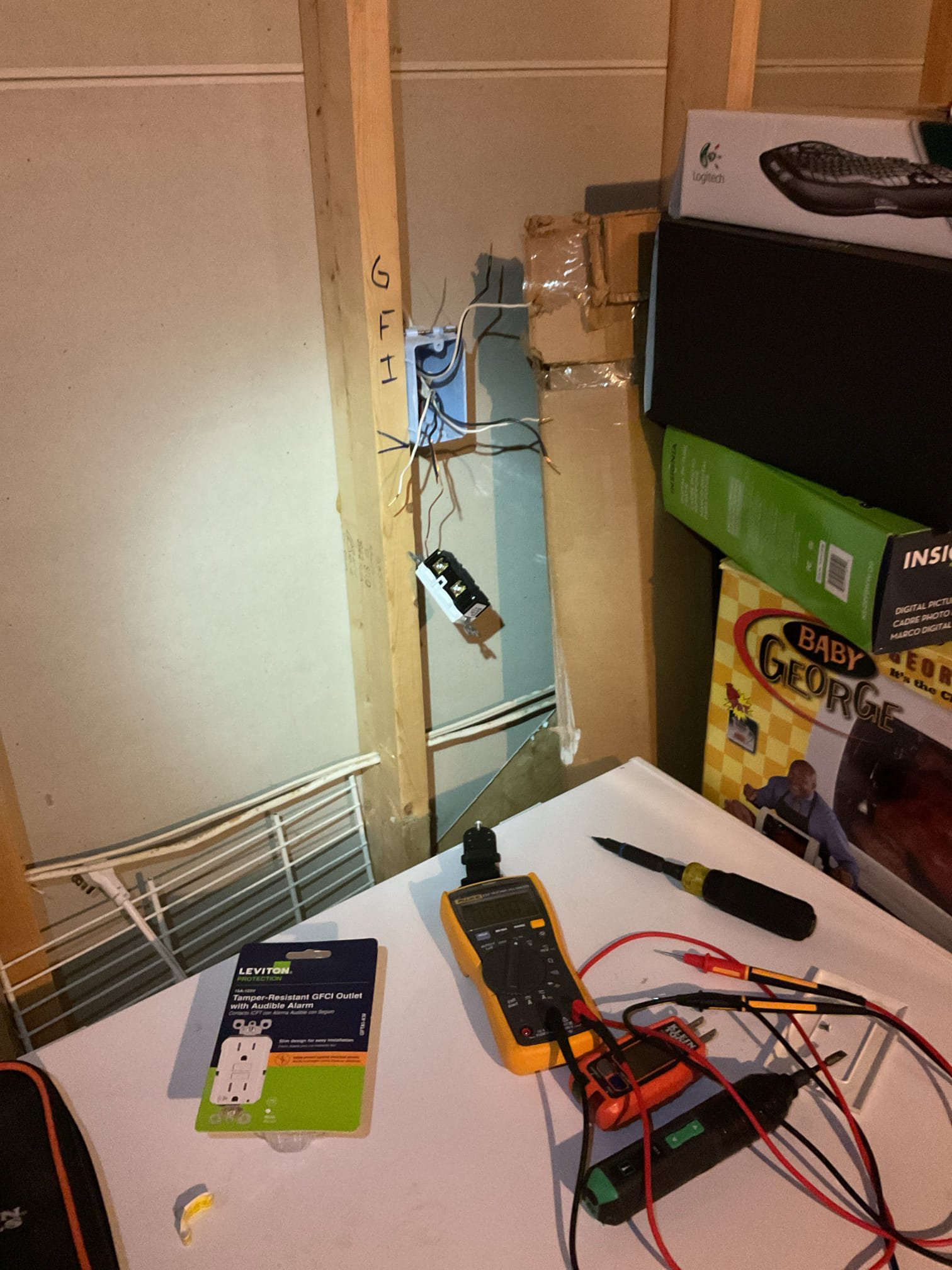 Today’s visit was to replace a GFCI that stopped working in the basement unfinished area. I tested and found proper line voltage at the GFCI box, and replaced the GFCI with a customer supplied Leviton audible GFCI. I informed the homeowner that the replacement was not going to be able to be warrantied, but re spliced the load side conductors together while replacing the GFCI. The receptacle and all devices it is feeding are now working again. 

- Removal and replacement of a customer-supplied GFCI receptacle for the basement unfinished area
- Rewiring at GFCI box to pigtail load-side of the circuit, ensuring secure connections 