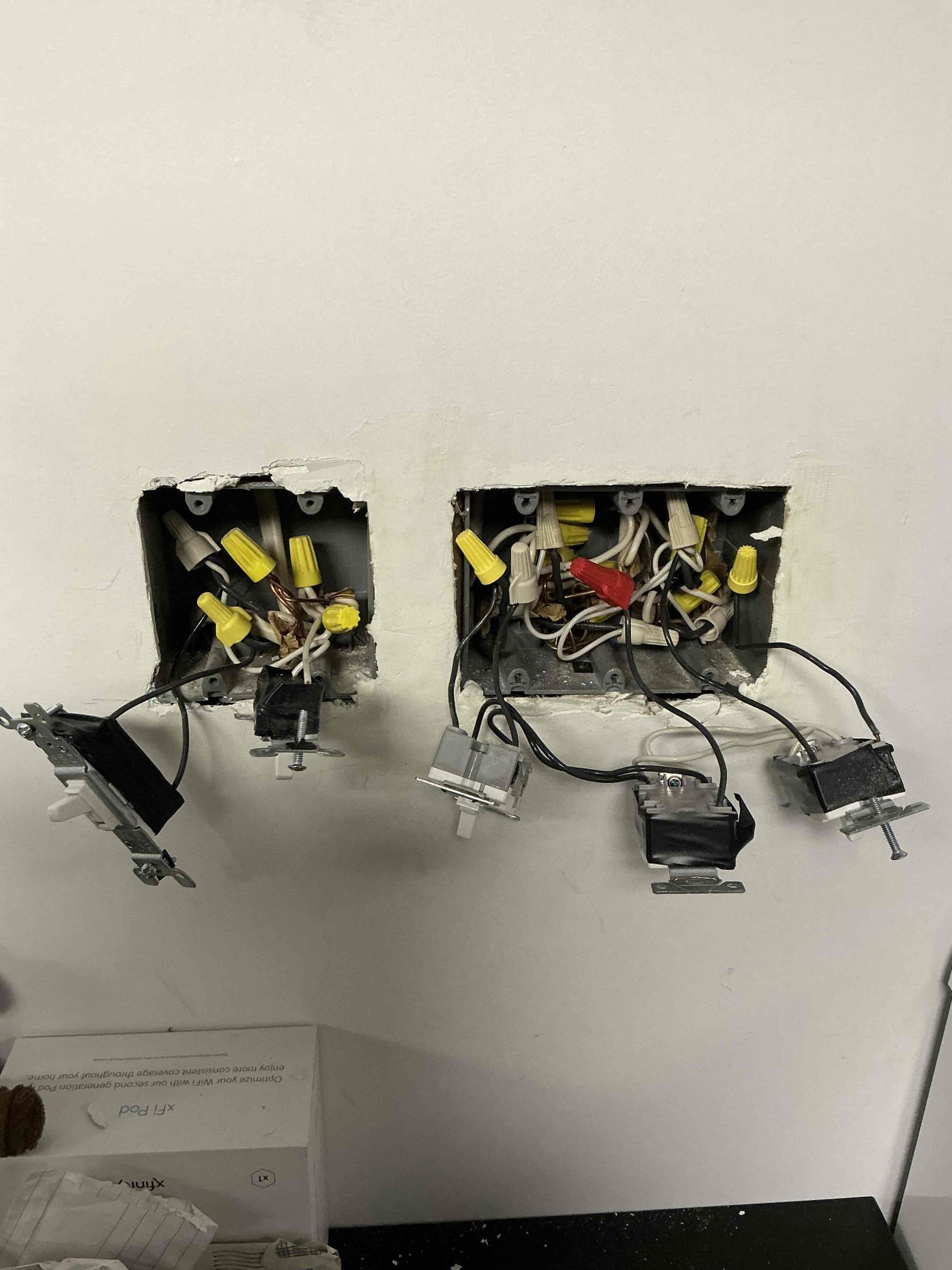 For this call, we came out to determine the solution to an issue involving the basement lighting as (3) 4x2 fluorescents were controlled by 5 switches, (3) of which were 2pole switches We consolidated the switching and had (1) single pole switch per light. And junctioned the other switch bank. 

Determine wiring issues with a series of basement switches. 
Replace (3) Single Pole switches