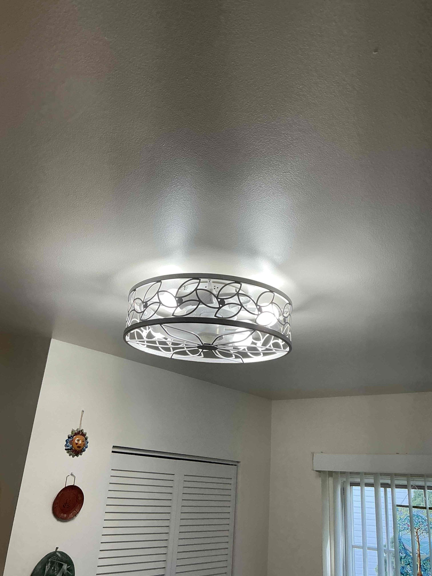 For this job, we came out to replace (4) existing flush mount light fixtures with (4) customer supplied ceiling fan/lights. Additionally, we had to remove the existing light boxes and replace them with fan rated bar boxes. 

Replace (4) flushmount lights with customer supplied ceiling fans 
Replace each light box with fan rated bar boxes 