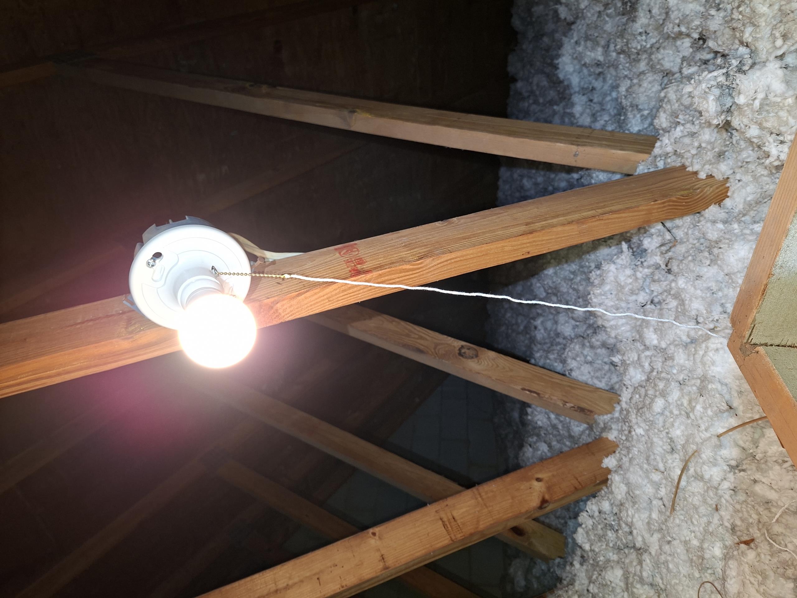 Install customer supplied ceiling fan, running new line from existing switch to fan rated brace box in attic. Replace pull-chain keyless light fixture in attic. Includes $100 discount.

Called out today to provide a solution to install a customer supplied ceiling fan in a new location. I took power from an adjacent switch and installed a fan rated bar brace box to support the fan. Due to the framing in the attic, I had to send the new wire down an adjacent bay to avoiding damaging existing wiring. This required me to cut across the bay underneath to the existing switch. I replaced the switch and made the line constant power to the fan. The fan is wired in such a way where it can be easily converted to switch controlling both the light and the fan. Fan is currently wired to be turned on and off from the fan pull chains. 