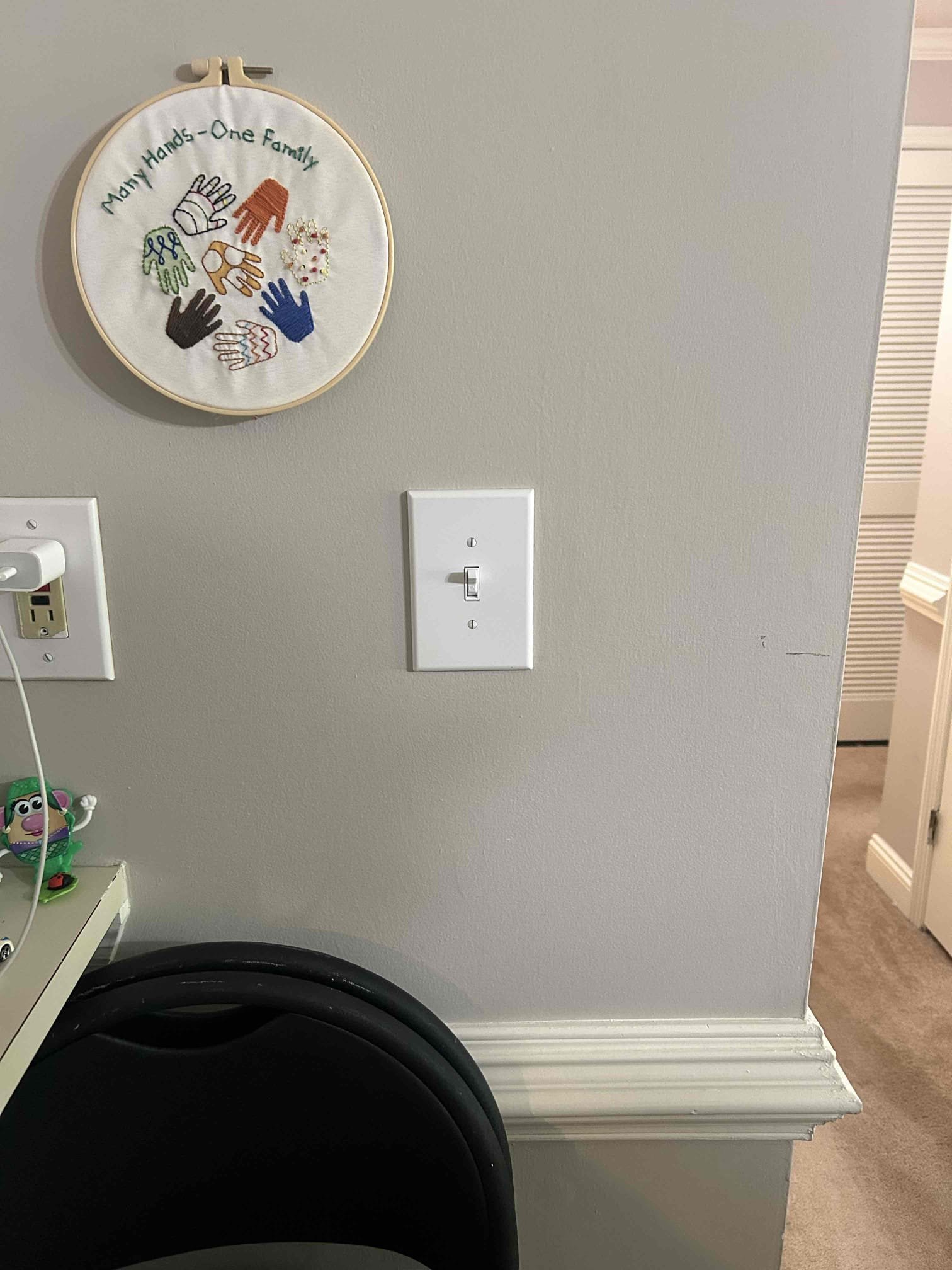 Replace broken switch for hall light
Installed new white toggle style standard switch for hallway light