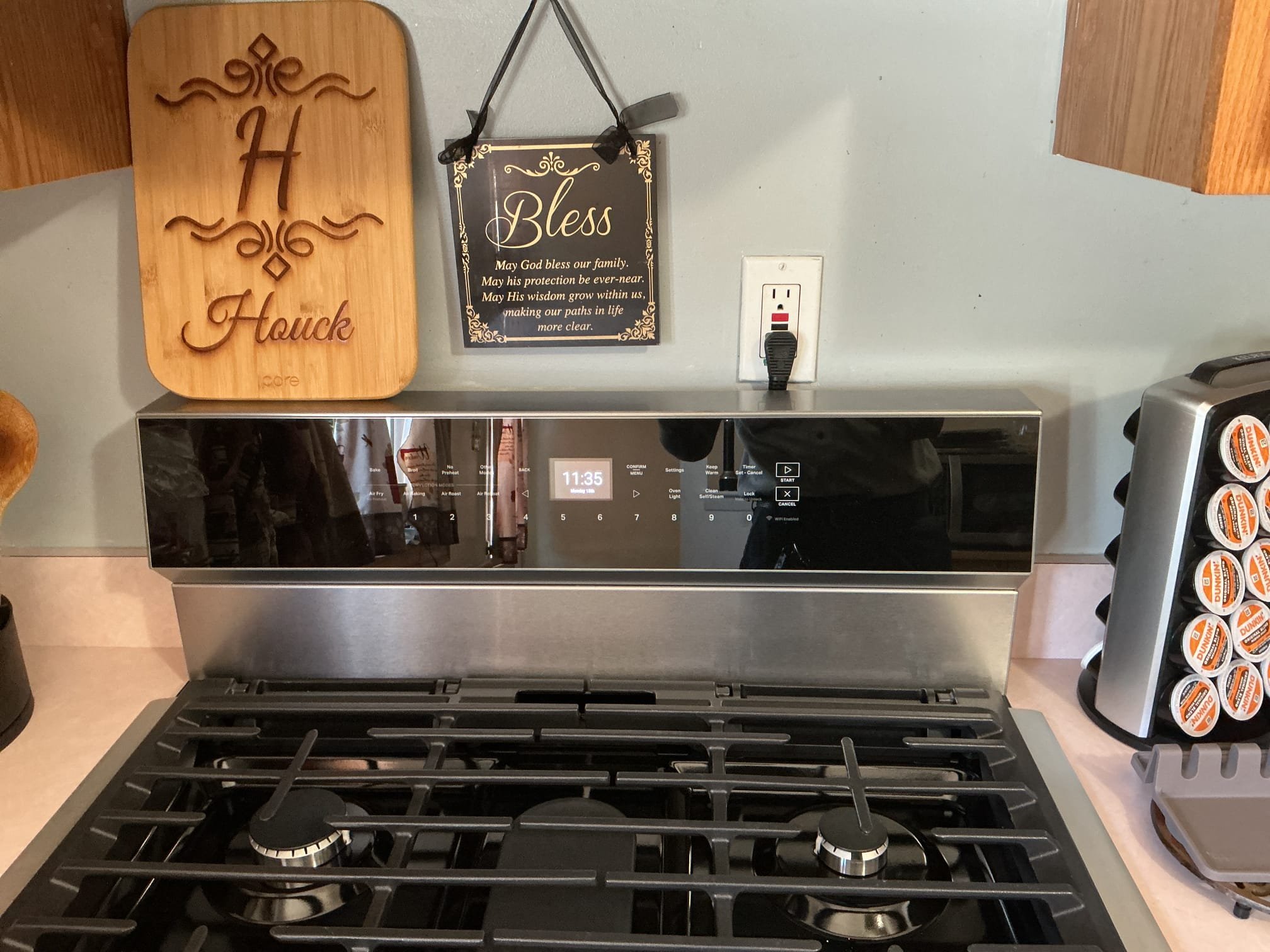 Relocate GFI / Adding new outlet for kitchen stover at a lower height than the current GFI for new stove to be able to sit flush with the wall .