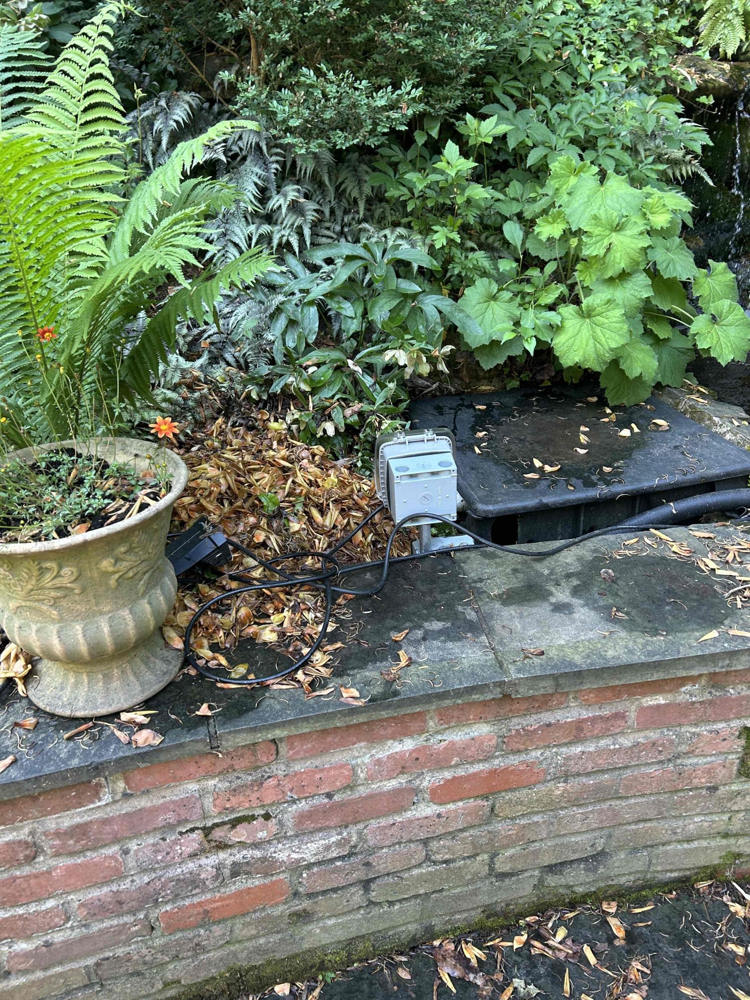 The reason for today’s visit was till extend the pond quad receptacle box up a few inches so it is above the ground level. The previous boxes were right at the top of the retaining wall however, the ground level appears to rise after storms due to pushing soil and stuff down towards the wall. We installed a 4 inch rigid chase nipple to extend the box up and install a new two gang box with two new weather, resistant receptacles and a new in use cover. We also replaced a customer supplied floodlight on the back porch leading to the master bedroom as well as replaced the existing dimmer switch that controlled said floodlight with a standard decor toggle switch. 
For this estimate we will be stubbing up a new box for the previous gfcis for the pond and waterfall. The previous gfcis were to low to the ground and corroding from water leakage. 
Swap light and switch at master entrance 