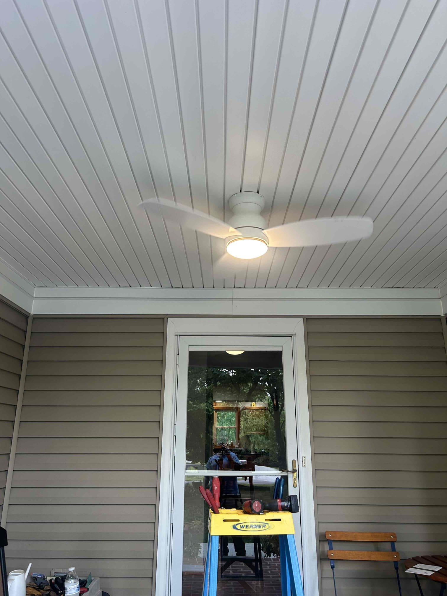 Install fan in place of recessed light on front porch
Today we removed the existing recessed light on the front porch and install a new bar brace box that is screwed into the studs to support a new customer supplied fan. Once a new boxes install installed, we installed ceiling fan.