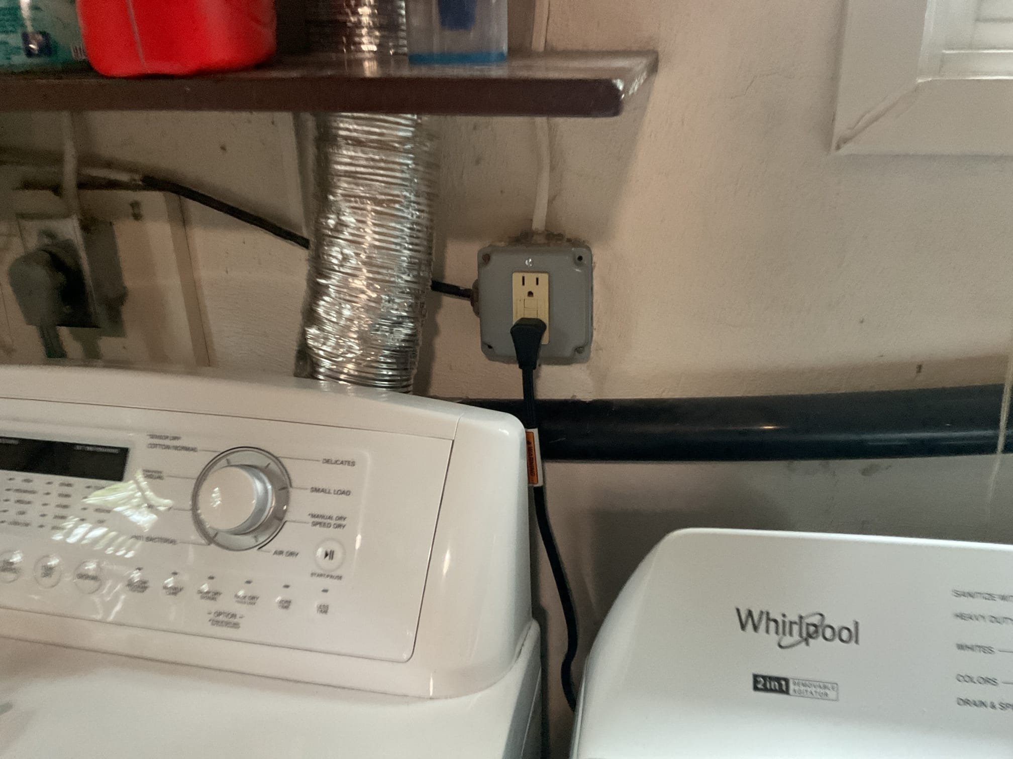 Today’s visit was to take a look at an intermittent power loss in the laundry room. The circuit was tripping the breaker during the wash cycle. When we arrived, we met with Ms. Lisa, who showed us to the laundry room. We had completed a whole-home alumiconn redevice in 2022, however, the washer receptacle was missed during that process. We replaced the receptacle with an appropriate GFCI and alumiconn connectors. During our investigation, we did find an extension cord plugged into the affected circuit that was spliced above the drop ceiling, so we provided a solution today to replace the extension cord with a proper receptacle in the drop ceiling to safely provide power to the coax booster that was plugged in. We completed the new receptacle installation, and informed Ms. Lisa of the repair to the washer receptacle as well. We also made her aware of the fact that the only additional solution to the washer tripping past this point would be to run a proper dedicated circuit out to the wa