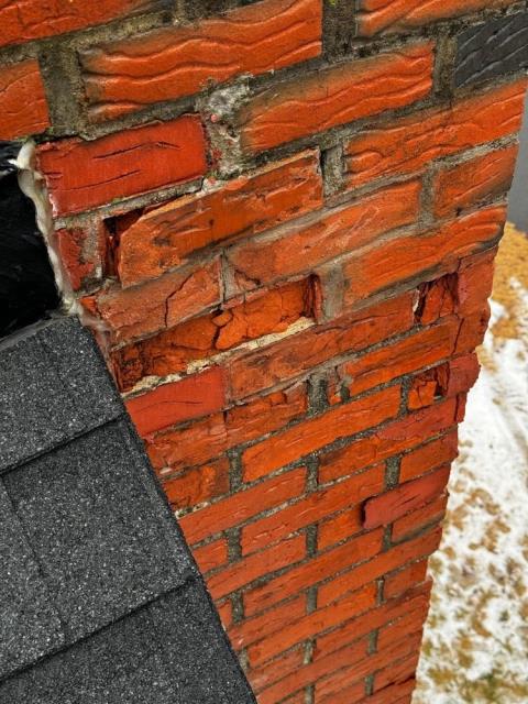 Customer had spalling and popped brick on chimney. The chimney was originally built with a dutch colonial brick which is notorious for this exact issue.  We tore the chimney down, relined it and rebuilt it with a severe weather brick made for new england weather patterns.  