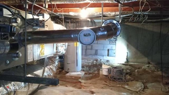 Madison Ct flue tiles deteriorated from acidic condensation.  The connector pipe was improperly pitched and ins poor shape. Installed stainless steel liner system and new heating connector pipe with a barometric damper to safely vent combustion byproducts.