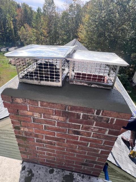 In Coventry, CT, we completed top-of-chimney repairs including flue tile replacement, crown reconstruction, and flashing sealing. The shoulder shelf was rebuilt with bluestone to prevent water intrusion.