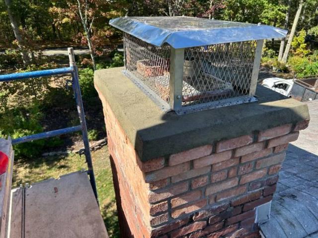 What a difference! The old Middletown Ct chimney was covered in moss and starting to fail — we rebuilt it with fresh brickwork, a solid new crown, and a stainless steel cap for long-term protection.