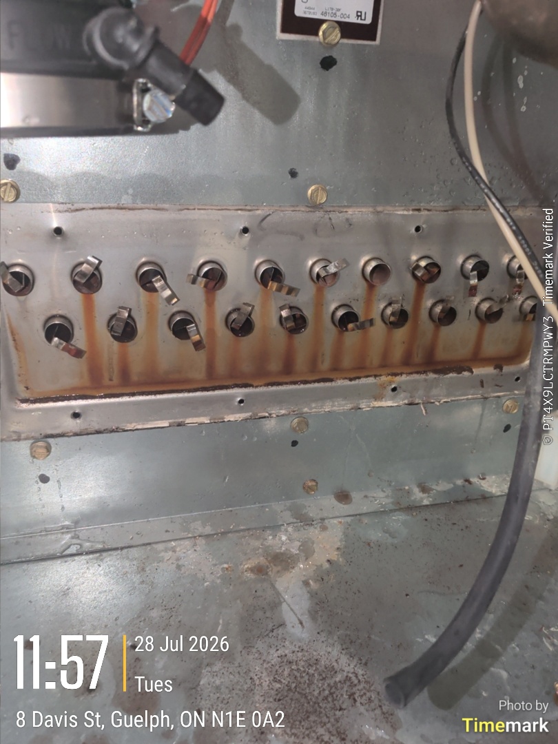 water found around furnace. backed up drain line causing secondary heat exchanger to rust out

Tech : Phil