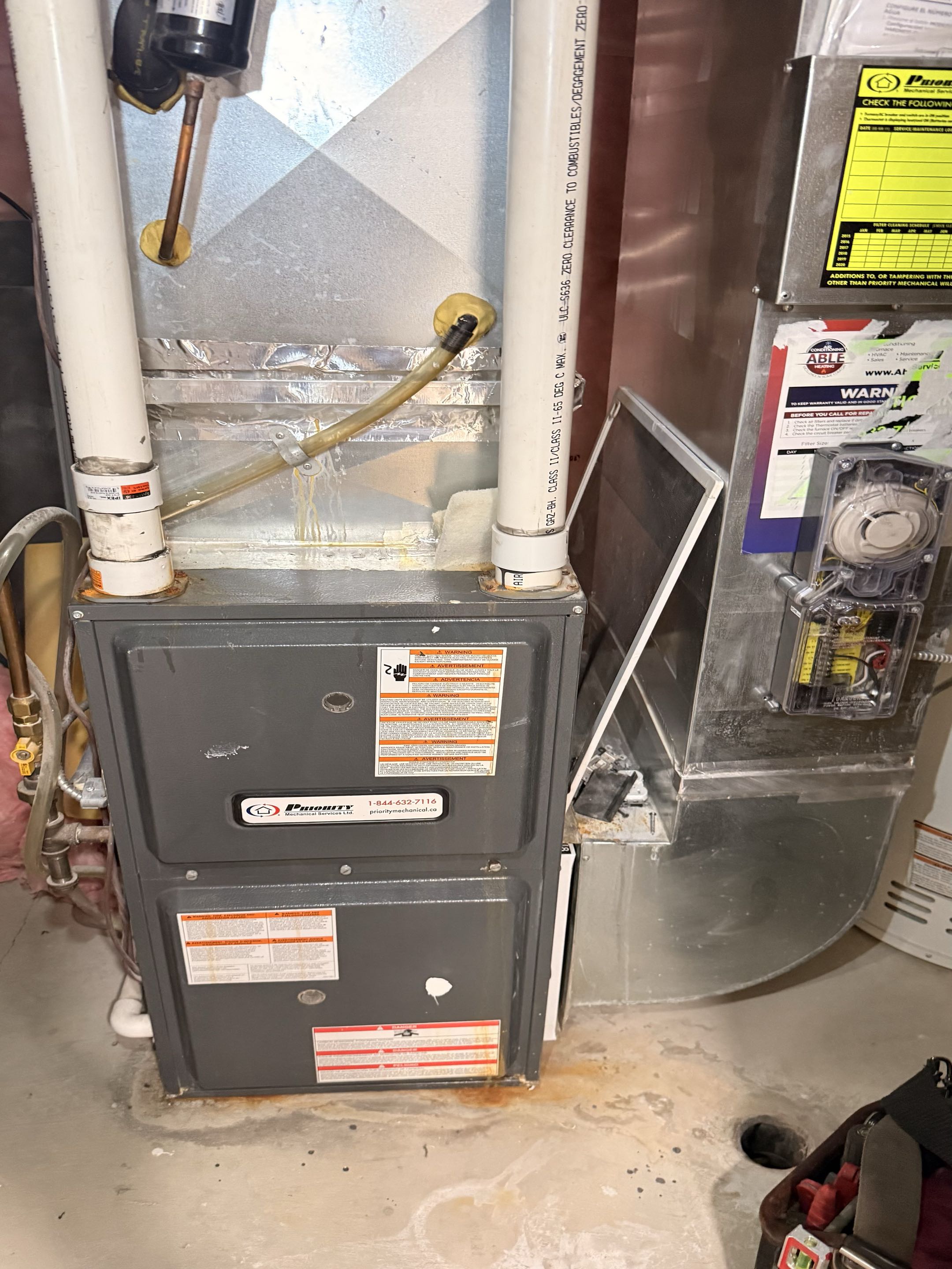 Completed a furnace service call and diagnosed a faulty thermostat causing continuous heating. Also inspected the condensate drain, HRV duct connections, and ductwork.
