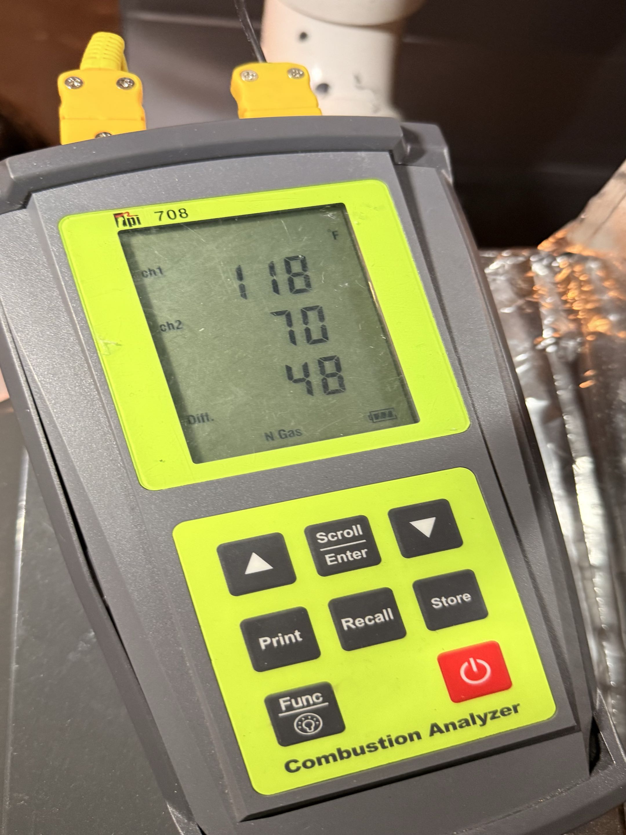 Completed a no-heat service call. Cleaned the condensate drain line and primed the trap, restoring normal heating. Verified temperature rise was within the manufacturer’s specified range.