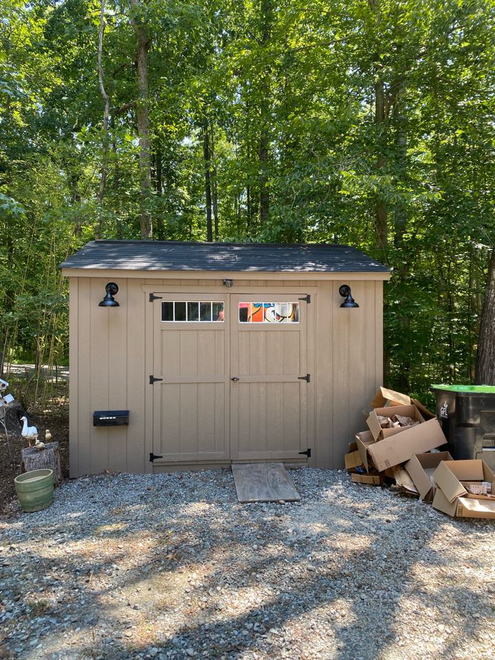 Installed exterior lights on two separate sheds and added outlets and lights in the inside. Installed exterior lights on two separate sheds and added outlets and lights in the inside.