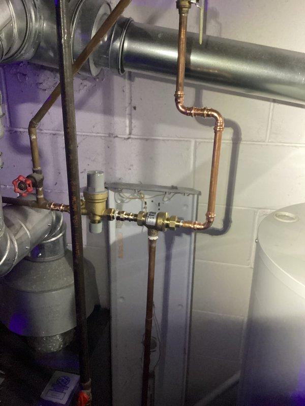 Successfully replaced the pressure reducing valve and float vent in the mechanical room plumbing system. Installation included proper connection to the existing copper pipe network and verification of correct pressure readings on the gauge. Work completed within the allocated 2-hour timeframe by Zach M and Vince.