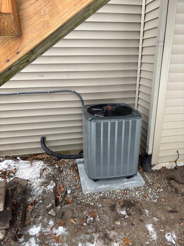 Completed installation of new furnace and air conditioning system. New AC unit was properly mounted on concrete pad and connected to home's electrical system. All gas connections were secured at meter and proper electrical junction box installed for safe operation.