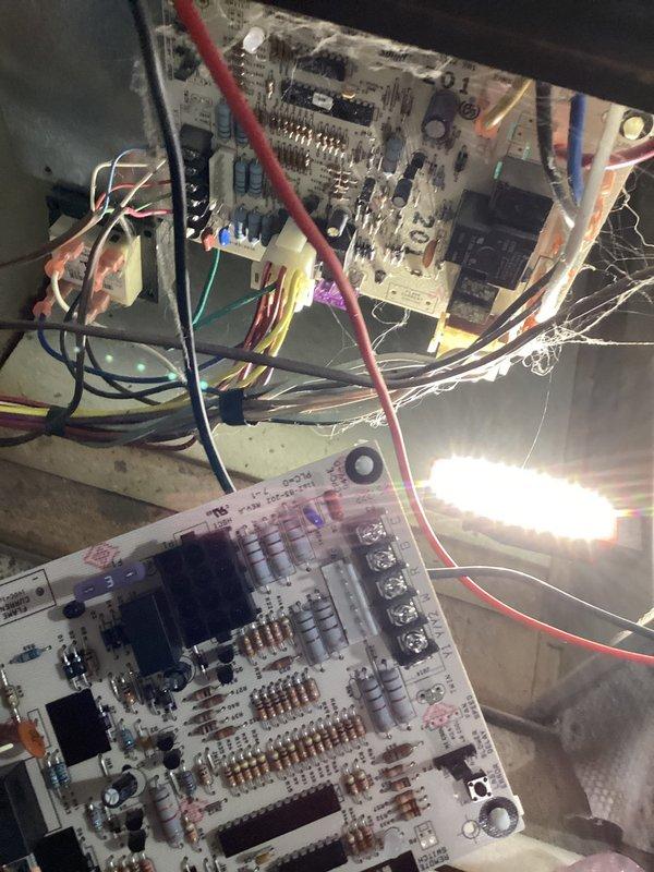 Responded to no heat call for 15-year-old York furnace. Diagnostic inspection revealed a malfunctioning control board with visible dust accumulation and compromised wire connections. Cleaned connections, replaced control board, and verified proper system operation with heat functioning normally.