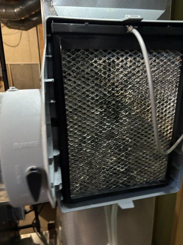 Responded to service call for Energi WT humidifier (7 years old) that was dripping water. Inspected connections and control wiring at the solenoid valve. Removed and cleaned the humidifier's metallic mesh filter which had accumulated mineral deposits causing overflow. Reinstalled and tested system, confirming proper operation with no further leakage.