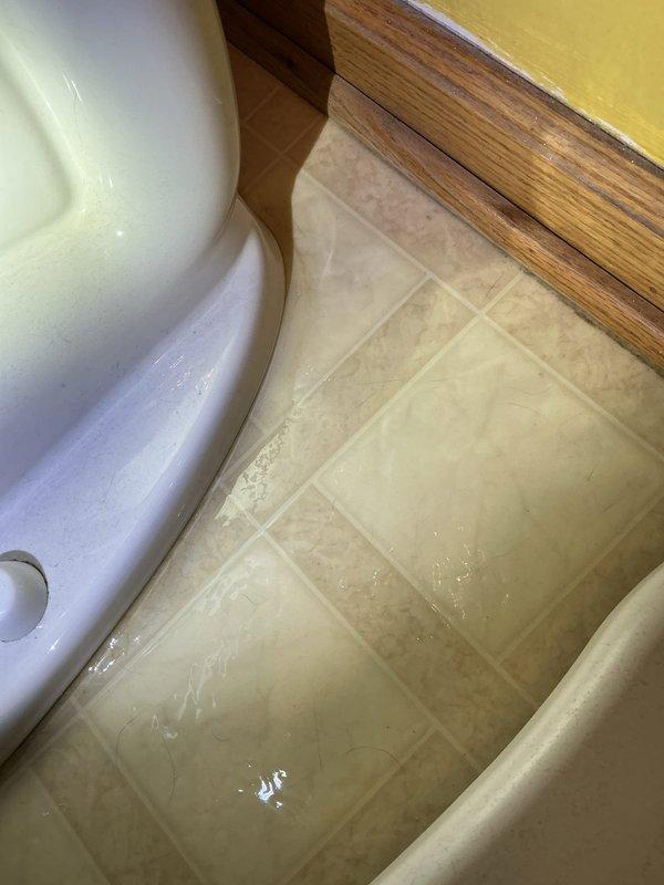 Responded to service call for multiple bathroom plumbing issues. Repaired broken shower control valve, replaced bathroom sink pop-up drain assembly to restore proper stopper function, and replaced worn wax ring seal on toilet to eliminate floor leak as evidenced by water accumulation on tile.