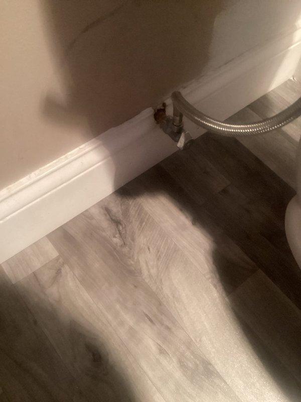 Responded to plumbing leak call at customer's residence. Located water leak at supply line connection point where it enters through the baseboard. Replaced damaged stainless steel braided supply line and properly sealed the wall penetration to prevent future leakage. Verified repair with pressure test ensuring complete resolution of the issue.