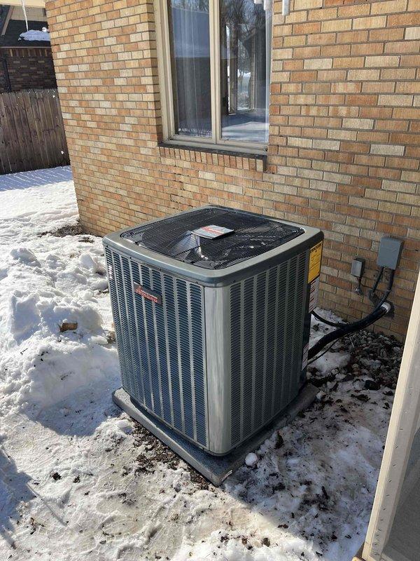 Successfully completed installation of new Goodman furnace and AC system, including proper mounting of the outdoor condenser unit on concrete pad with refrigerant line connections and installation of the indoor furnace with PVC venting in the utility area. System was fully tested and is operating according to manufacturer specifications.