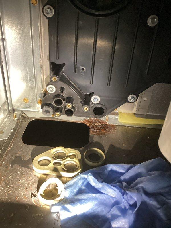 Responded to water leak call for 3-year-old Payne furnace exhibiting condensation around exhaust gasket. Upon inspection, identified faulty gasket seal allowing condensation to escape from heat exchanger assembly. Replaced exhaust gasket and verified proper sealing with no further moisture present during operational testing.