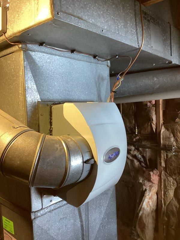 Successfully installed an Aprilaire humidifier unit to the existing HVAC system, connecting it to the metal ductwork and completing all necessary wiring. Control unit was properly mounted and calibrated for optimal humidity management. Note: Will return to install Manual Humid as per service plan.