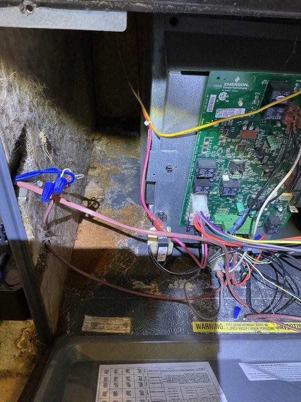 Performed scheduled annual maintenance on 16-year-old Energi furnace system. Observed significant corrosion on control board housing and deterioration of surrounding insulation. Noted issues with condensate collection system requiring attention to prevent potential water damage.