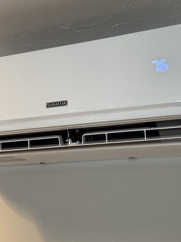 Responded to no heat call for Durastar mini-split system not turning on. Upon inspection, unit's display was functioning with temperature reading visible at 16 degrees. Verified circuit breaker was in the ON position and properly supplying 120/240V power to the system. Diagnosed and resolved issue, confirming proper operation before departure.